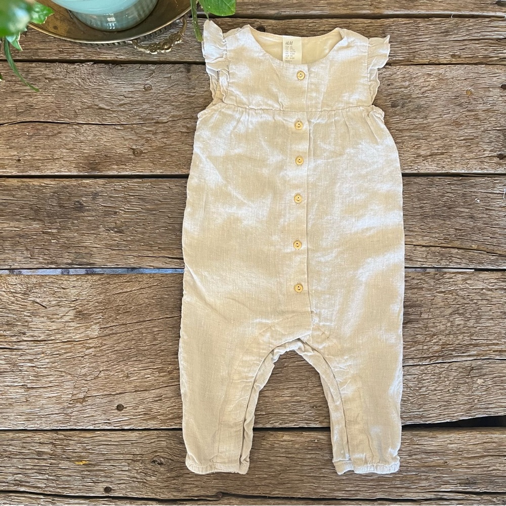 H&M Linen Cream Button-Up Romper Size 6 months